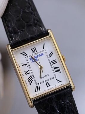 Vintage Tank Korean Air Quartz Rectangular Gold-Tone Watch with Black Strap